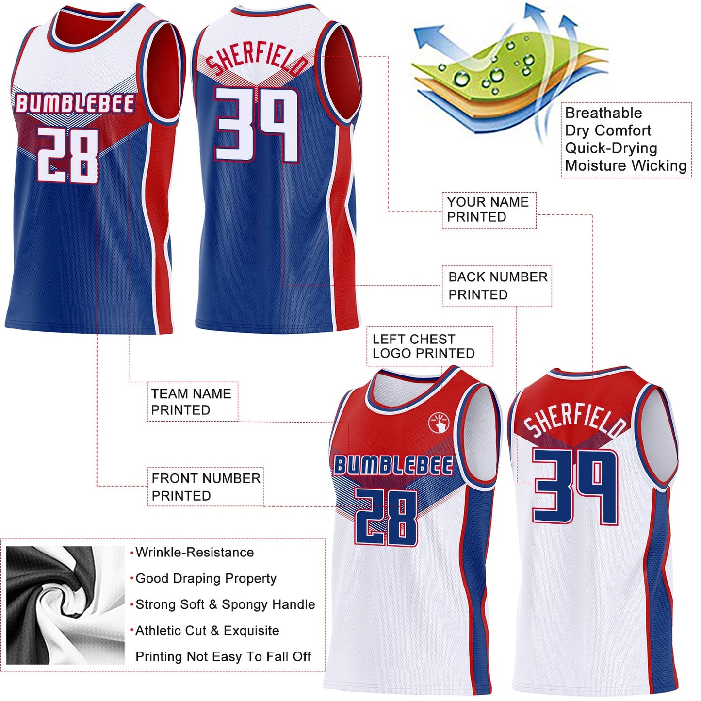 Custom White Royal-Red Side Panel Stripe Geometric V-Cut Color Block Reversible Double Side Sublimation Basketball Set Jersey