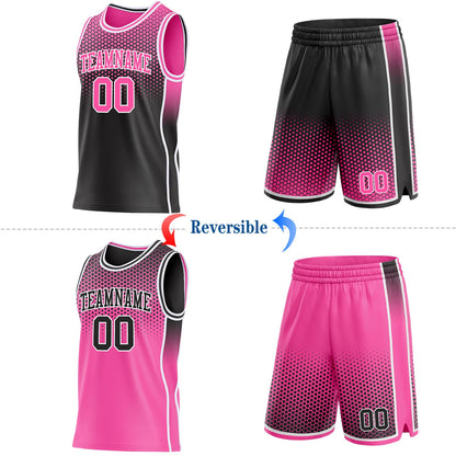Custom Black Pink-White Side Panel Stripe Gradient Geometric Honeycomb Reversible Double Side Sublimation Basketball Set Jersey