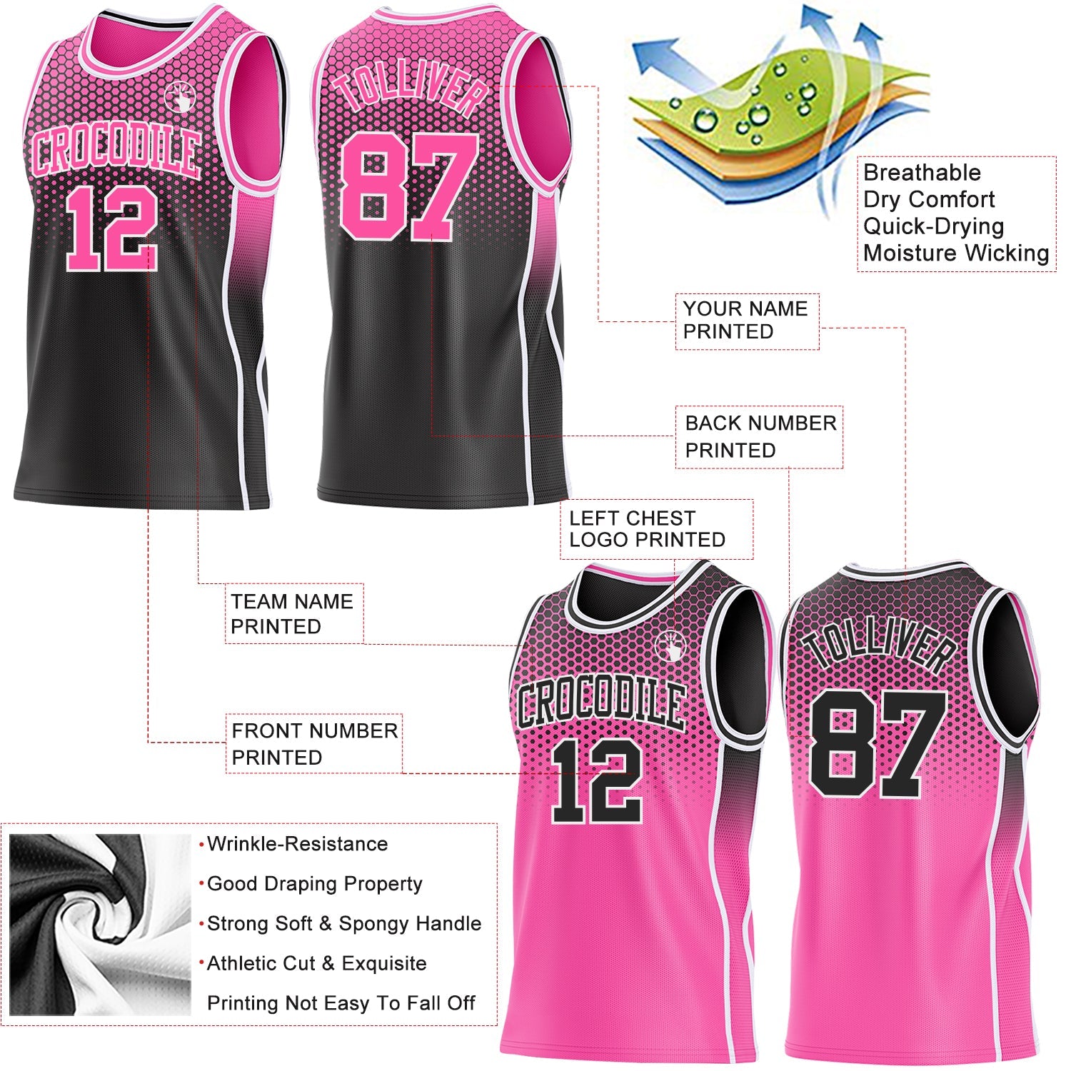 Custom Black Pink-White Side Panel Stripe Gradient Geometric Honeycomb Reversible Double Side Sublimation Basketball Set Jersey