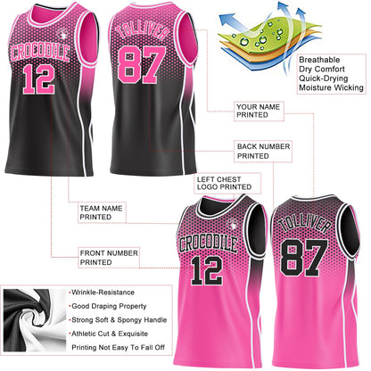 Custom Black Pink-White Side Panel Stripe Gradient Geometric Honeycomb Reversible Double Side Sublimation Basketball Set Jersey