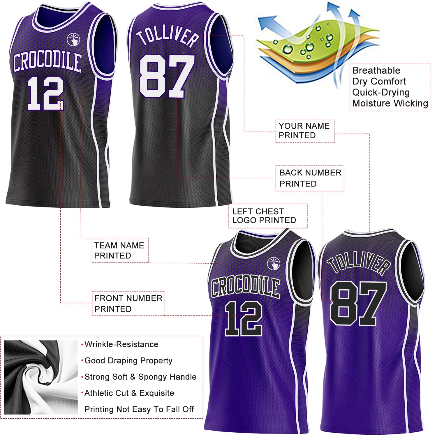 Custom Black White-Purple Side Panel Stripe Gradient Geometric Honeycomb Reversible Double Side Sublimation Basketball Set Jersey