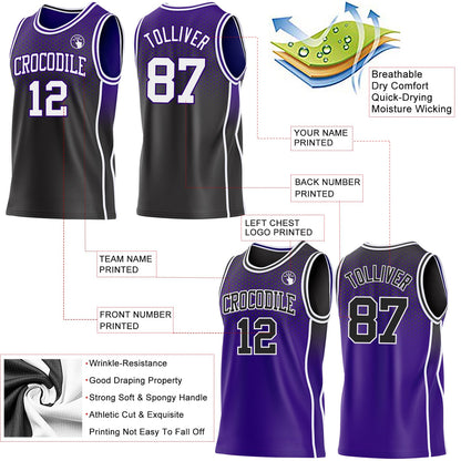 Custom Black White-Purple Side Panel Stripe Gradient Geometric Honeycomb Reversible Double Side Sublimation Basketball Set Jersey