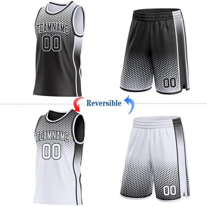 Custom Black-White Side Panel Stripe Gradient Geometric Honeycomb Reversible Double Side Sublimation Basketball Set Jersey