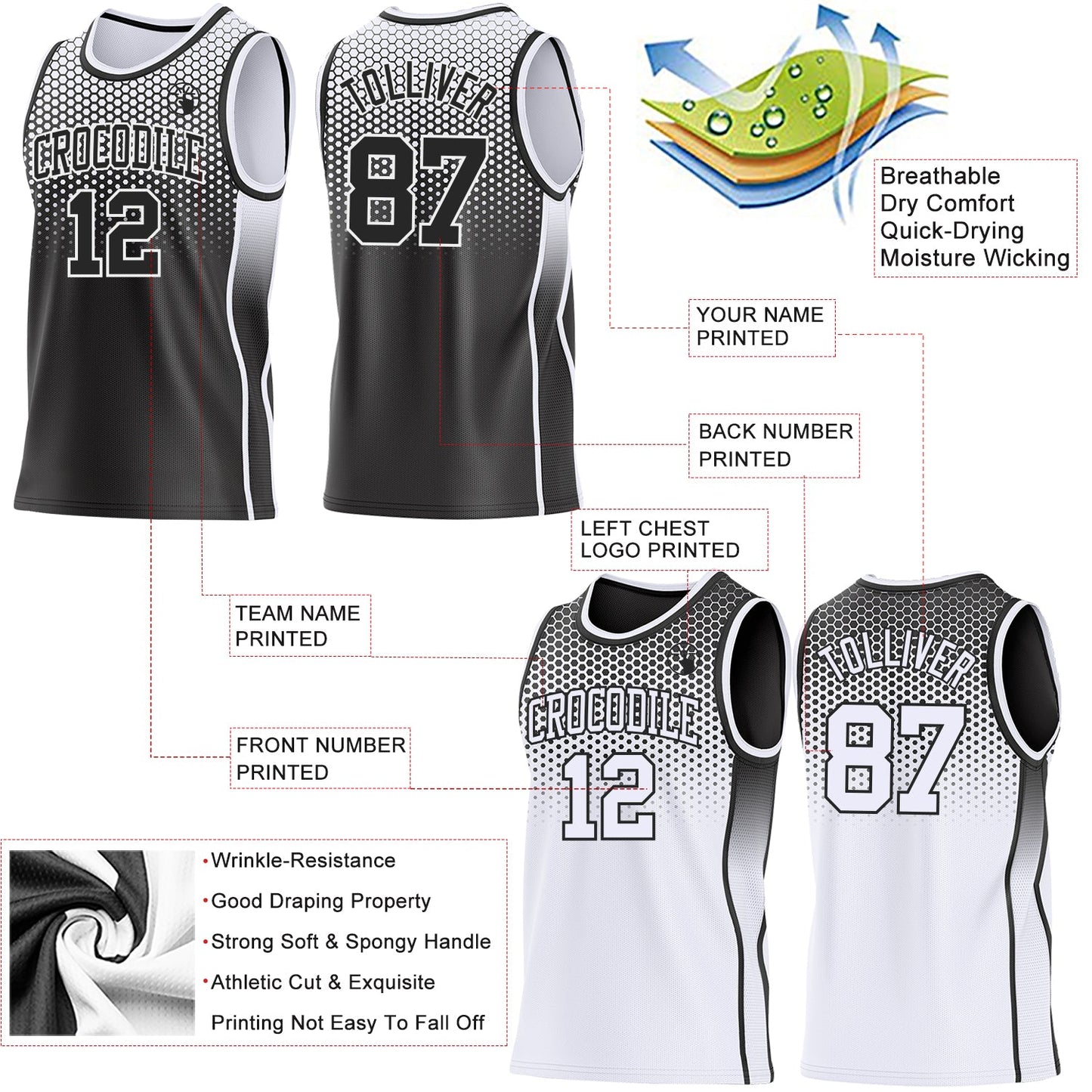 Custom Black-White Side Panel Stripe Gradient Geometric Honeycomb Reversible Double Side Sublimation Basketball Set Jersey