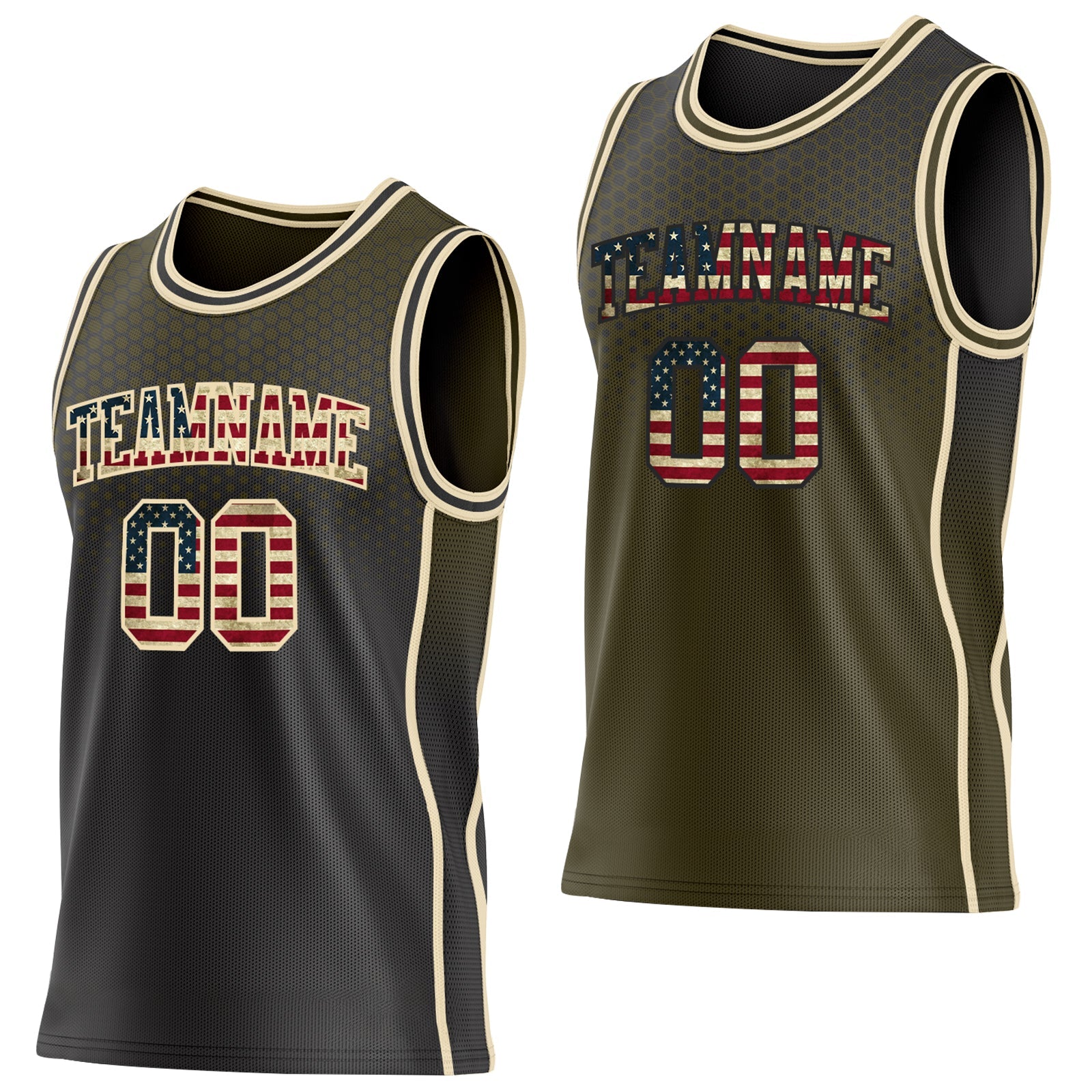 Custom Black Vintage USA Flag Olive-Cream Side Panel Stripe Gradient Geometric Honeycomb Reversible Double Side Sublimation Basketball Set Jersey