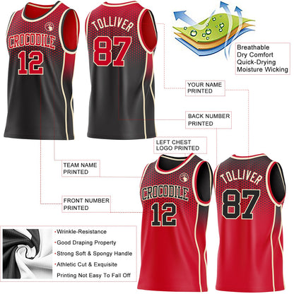 Custom Black Red-Cream Side Panel Stripe Gradient Geometric Honeycomb Reversible Double Side Sublimation Basketball Set Jersey