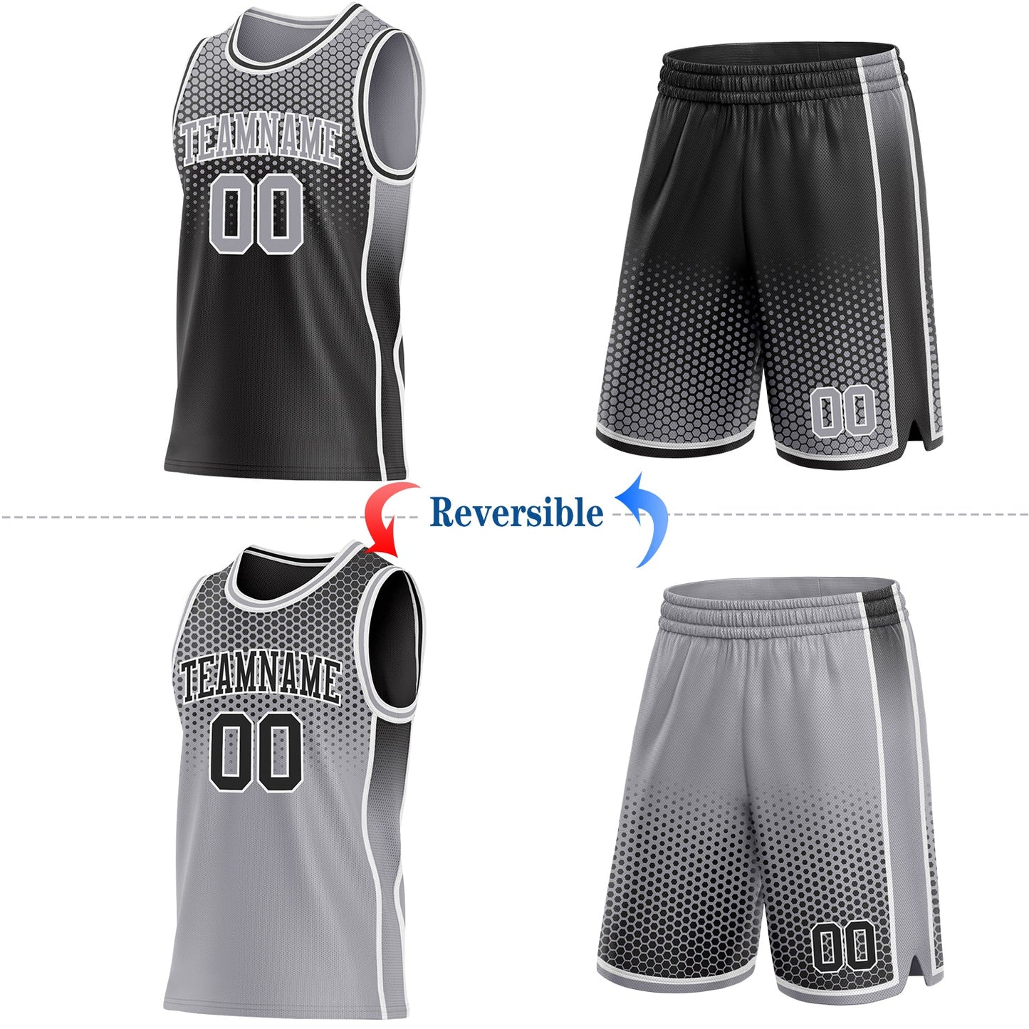 Custom Black Gray-White Side Panel Stripe Gradient Geometric Honeycomb Reversible Double Side Sublimation Basketball Set Jersey