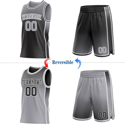 Custom Black Gray-White Side Panel Stripe Gradient Geometric Honeycomb Reversible Double Side Sublimation Basketball Set Jersey