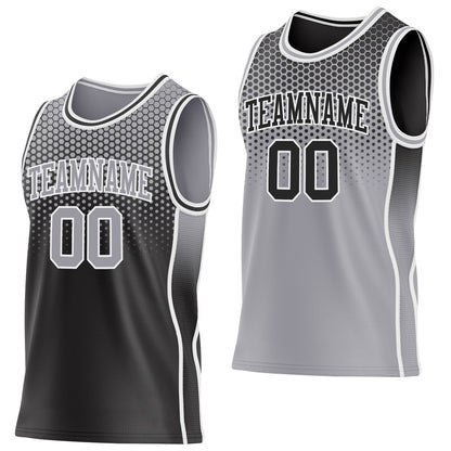 Custom Black Gray-White Side Panel Stripe Gradient Geometric Honeycomb Reversible Double Side Sublimation Basketball Set Jersey
