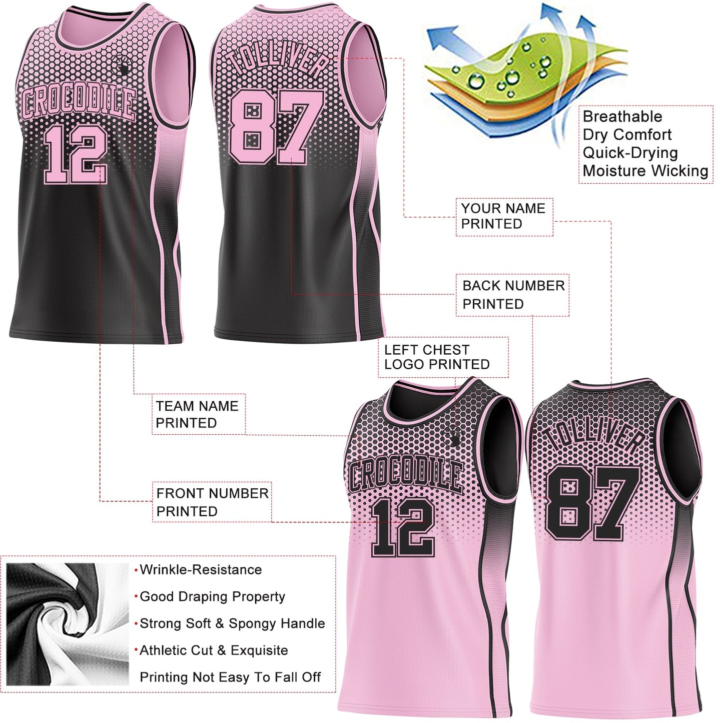 Custom Black-Light Pink Side Panel Stripe Gradient Geometric Honeycomb Reversible Double Side Sublimation Basketball Set Jersey