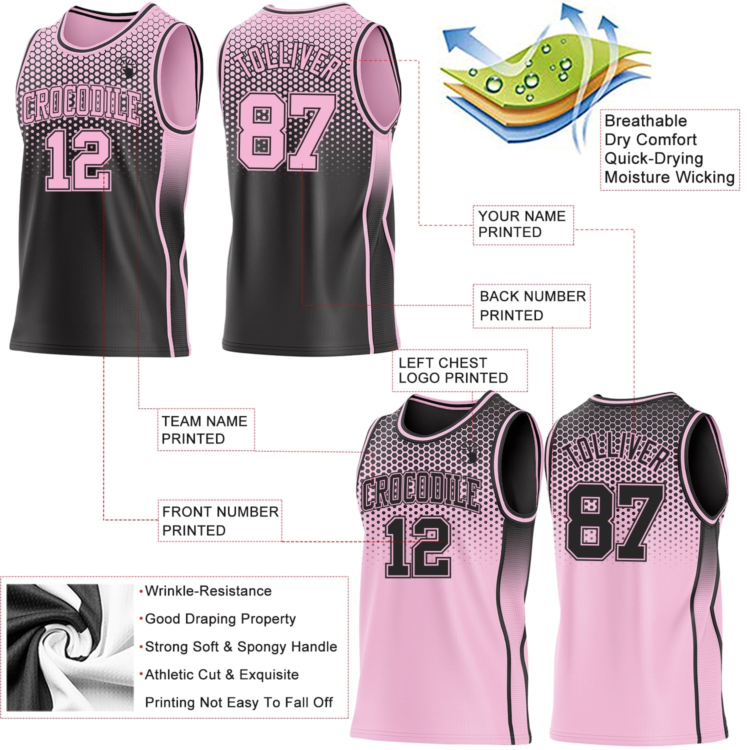 Custom Black-Light Pink Side Panel Stripe Gradient Geometric Honeycomb Reversible Double Side Sublimation Basketball Set Jersey