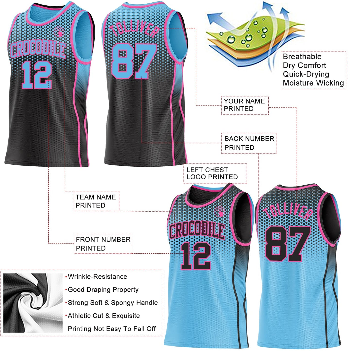 Custom Black Sky Blue-Pink Side Panel Stripe Gradient Geometric Honeycomb Reversible Double Side Sublimation Basketball Set Jersey