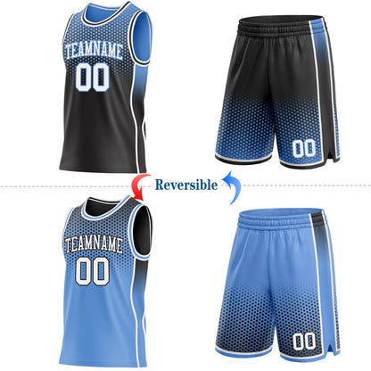 Custom Black White-Light Blue Side Panel Stripe Gradient Geometric Honeycomb Reversible Double Side Sublimation Basketball Set Jersey
