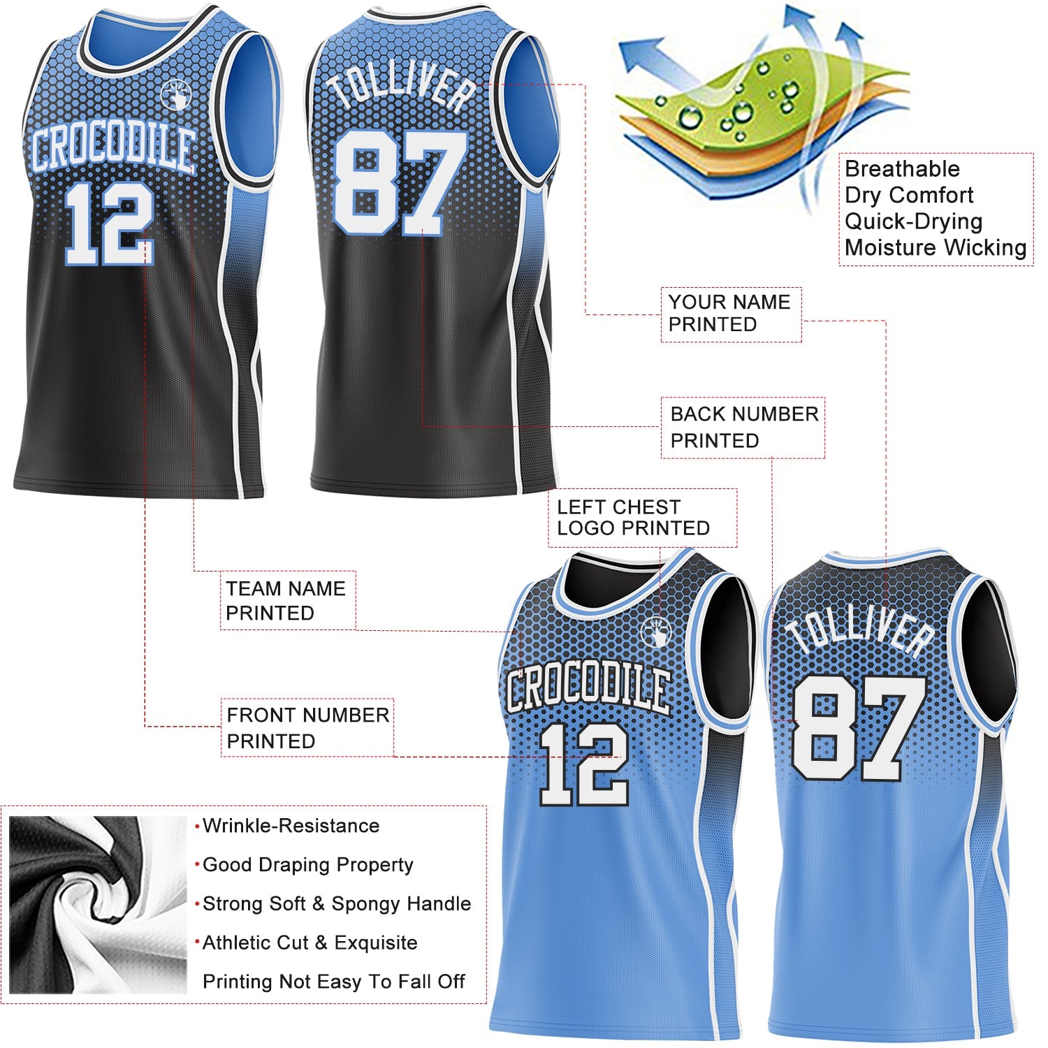 Custom Black White-Light Blue Side Panel Stripe Gradient Geometric Honeycomb Reversible Double Side Sublimation Basketball Set Jersey