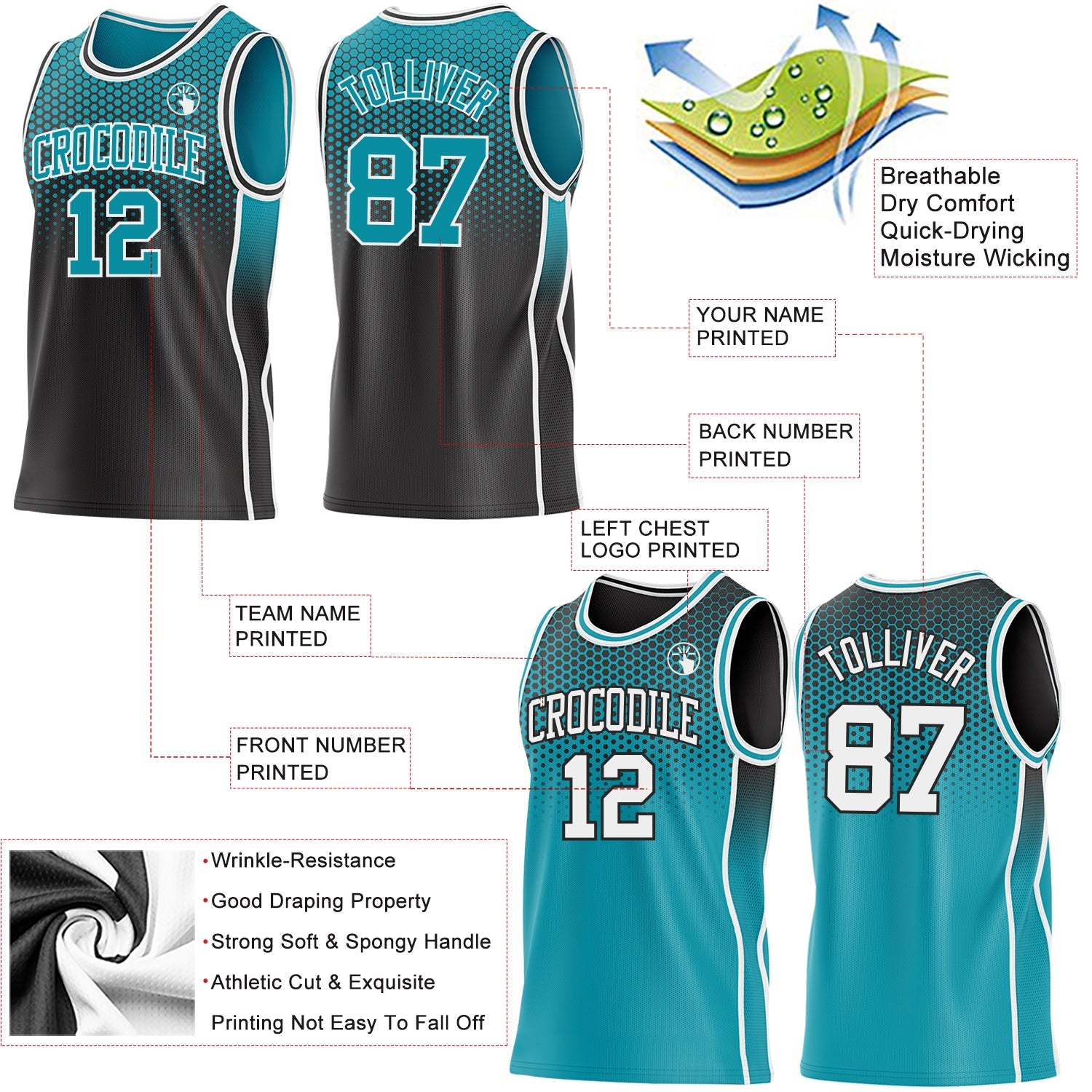 Custom Black Teal White Side Panel Stripe Gradient Geometric Honeycomb Reversible Double Side Sublimation Basketball Set Jersey