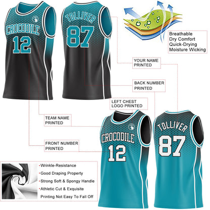 Custom Black Teal White Side Panel Stripe Gradient Geometric Honeycomb Reversible Double Side Sublimation Basketball Set Jersey
