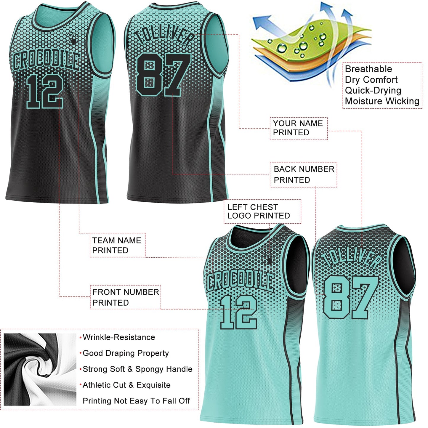 Custom Black-Ice Blue Side Panel Stripe Gradient Geometric Honeycomb Reversible Double Side Sublimation Basketball Set Jersey