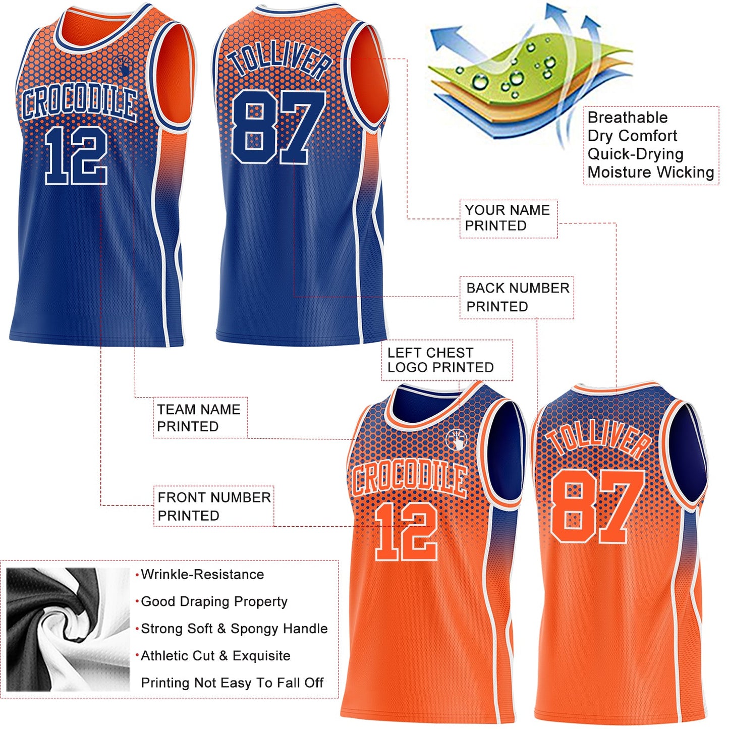 Custom Royal Orange-White Side Panel Stripe Gradient Geometric Honeycomb Reversible Double Side Sublimation Basketball Set Jersey