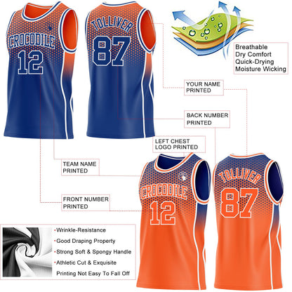 Custom Royal Orange-White Side Panel Stripe Gradient Geometric Honeycomb Reversible Double Side Sublimation Basketball Set Jersey