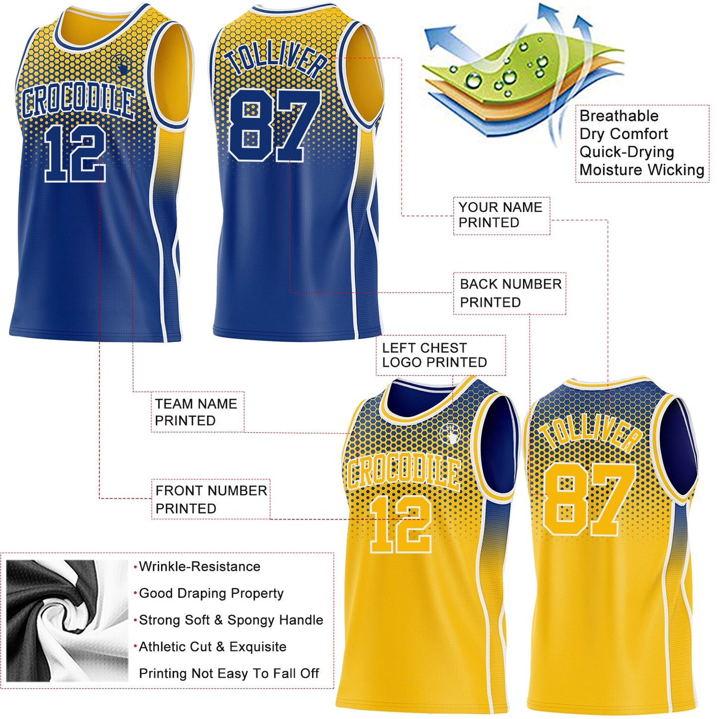 Custom Royal Gold-White Side Panel Stripe Gradient Geometric Honeycomb Reversible Double Side Sublimation Basketball Set Jersey