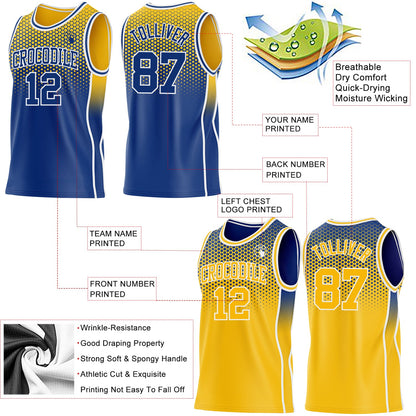 Custom Royal Gold-White Side Panel Stripe Gradient Geometric Honeycomb Reversible Double Side Sublimation Basketball Set Jersey