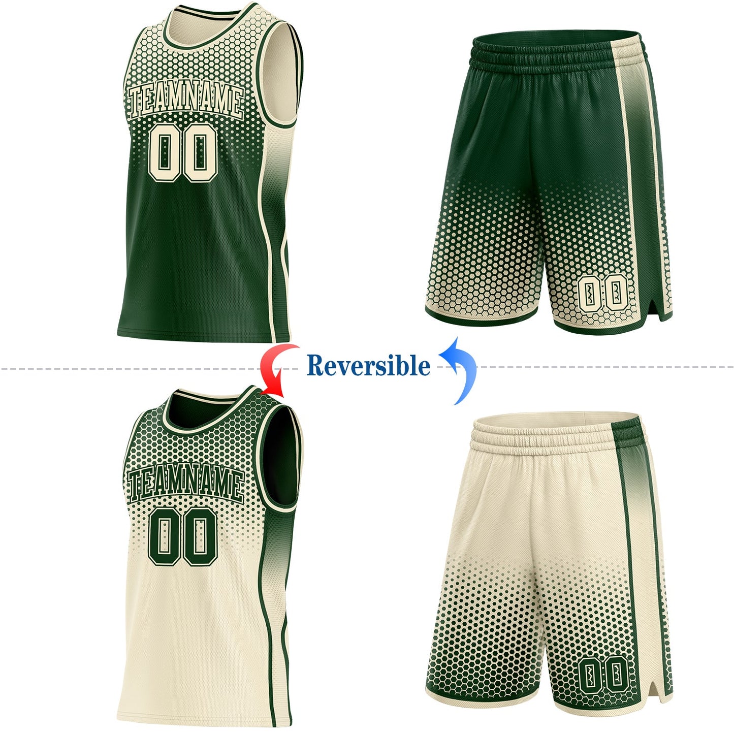 Custom Green-Cream Side Panel Stripe Gradient Geometric Honeycomb Reversible Double Side Sublimation Basketball Set Jersey