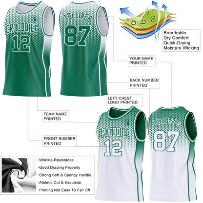 Custom Kelly Green-White Side Panel Stripe Gradient Geometric Honeycomb Reversible Double Side Sublimation Basketball Set Jersey