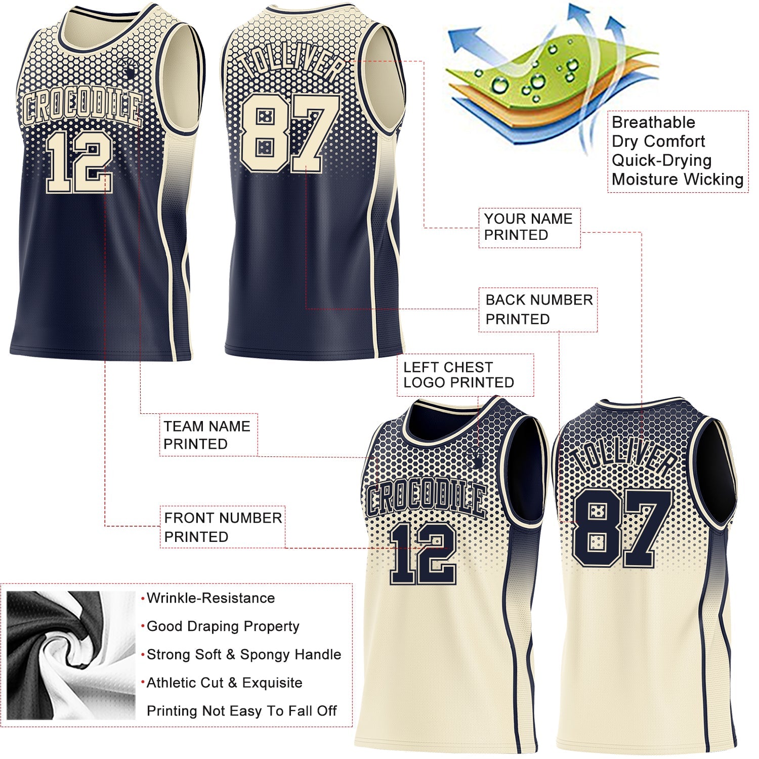 Custom Navy-Cream Side Panel Stripe Gradient Geometric Honeycomb Reversible Double Side Sublimation Basketball Set Jersey