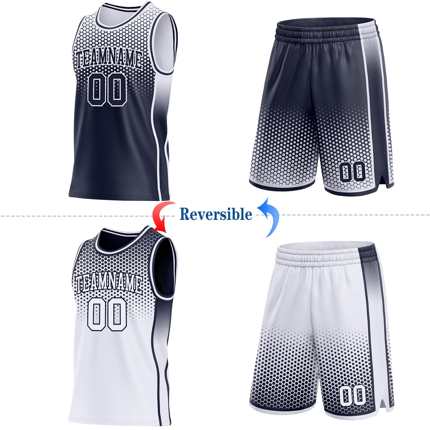 Custom Navy-White Side Panel Stripe Gradient Geometric Honeycomb Reversible Double Side Sublimation Basketball Set Jersey