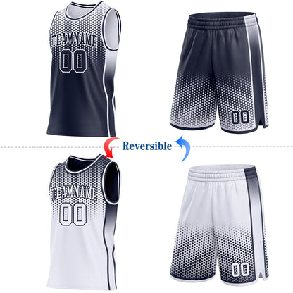 Custom Navy-White Side Panel Stripe Gradient Geometric Honeycomb Reversible Double Side Sublimation Basketball Set Jersey