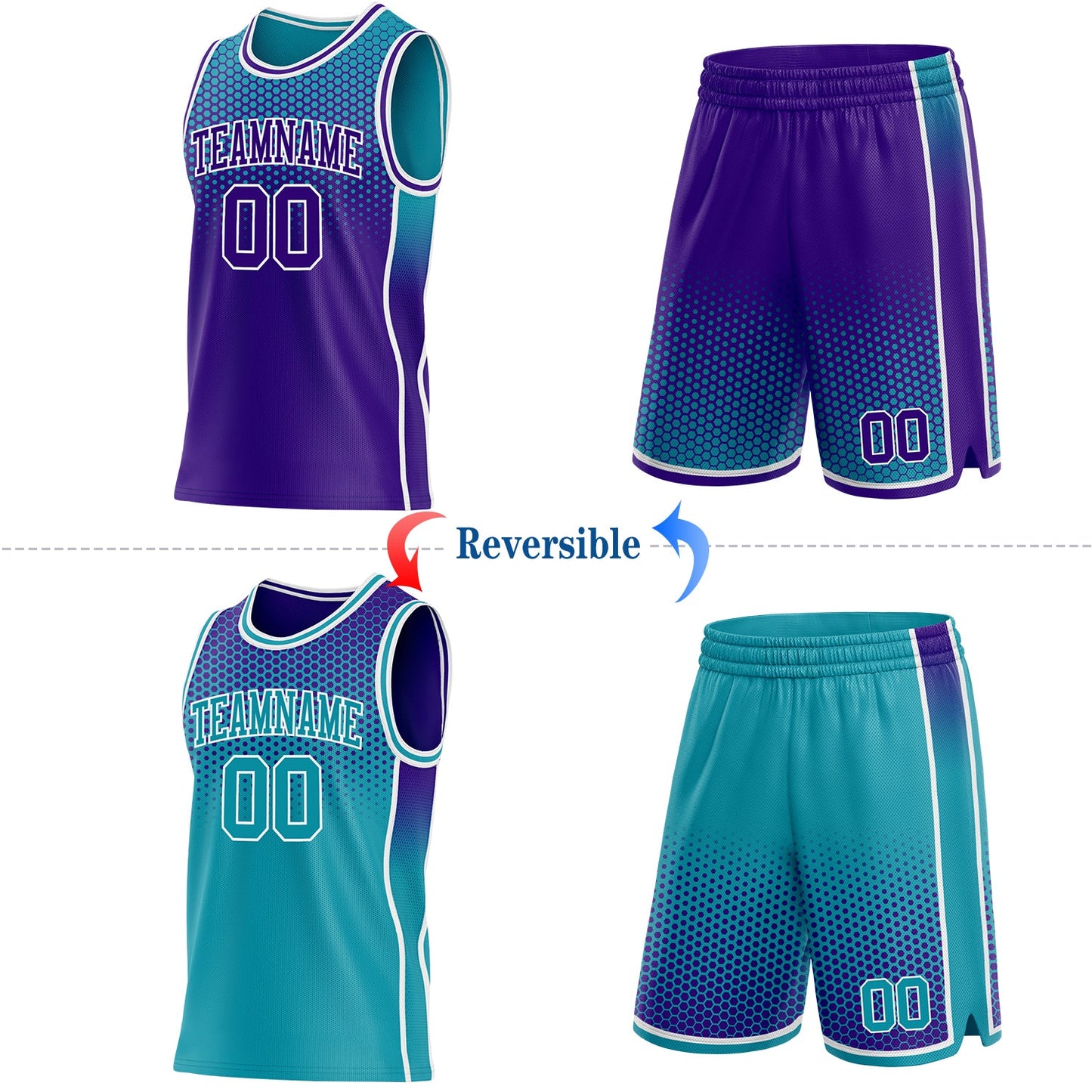 Custom Purple Teal-White Side Panel Stripe Gradient Geometric Honeycomb Reversible Double Side Sublimation Basketball Set Jersey