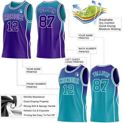 Custom Purple Teal-White Side Panel Stripe Gradient Geometric Honeycomb Reversible Double Side Sublimation Basketball Set Jersey
