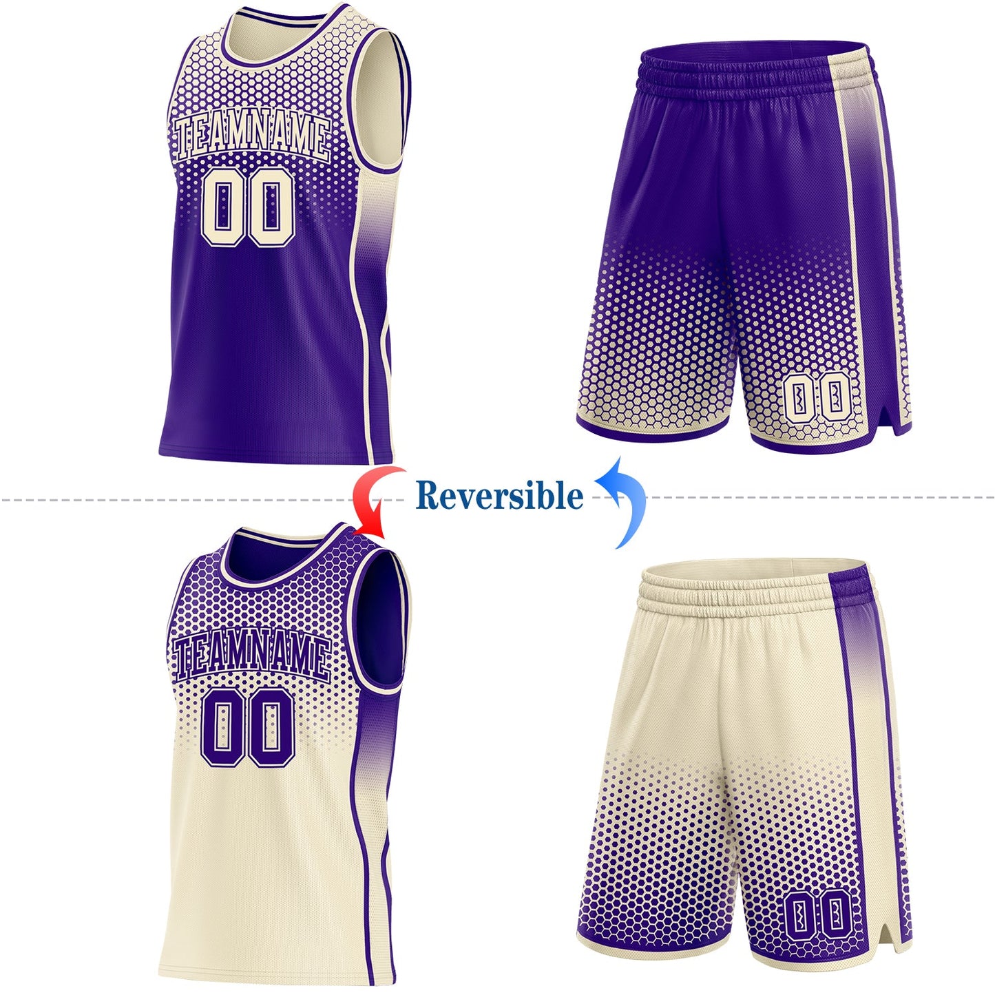 Custom Purple-Cream Side Panel Stripe Gradient Geometric Honeycomb Reversible Double Side Sublimation Basketball Set Jersey