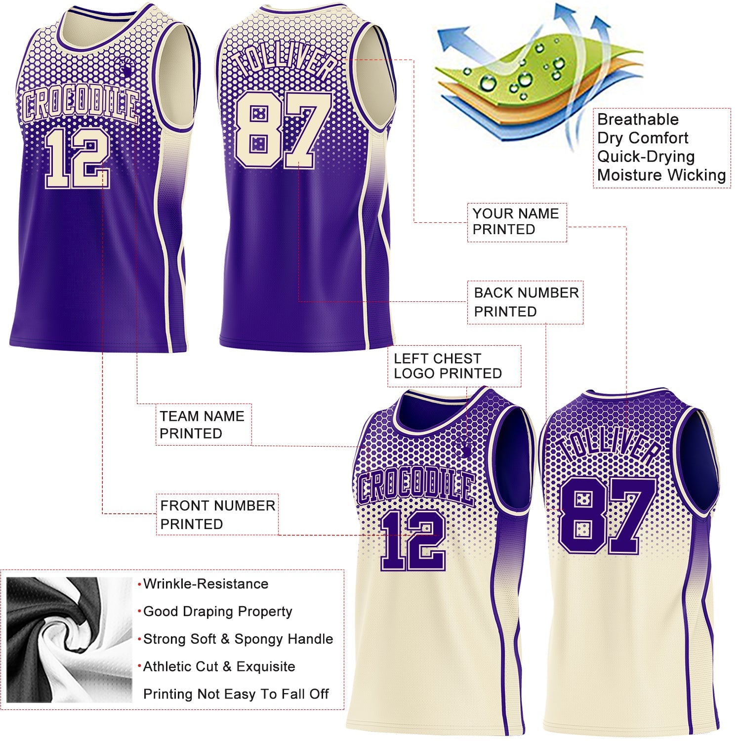 Custom Purple-Cream Side Panel Stripe Gradient Geometric Honeycomb Reversible Double Side Sublimation Basketball Set Jersey