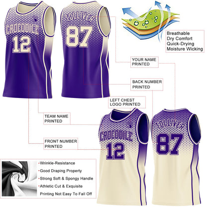Custom Purple-Cream Side Panel Stripe Gradient Geometric Honeycomb Reversible Double Side Sublimation Basketball Set Jersey