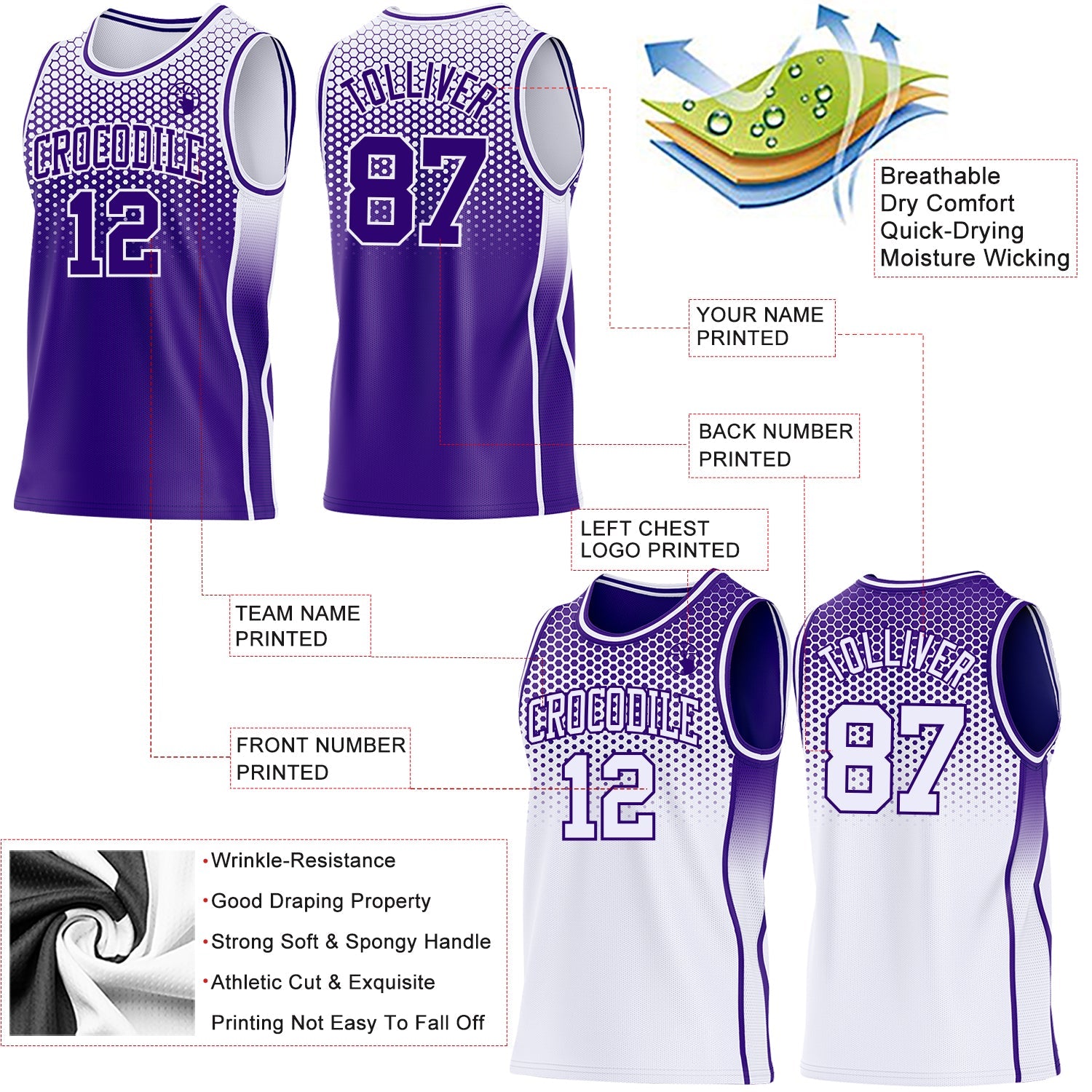 Custom Purple-White Side Panel Stripe Gradient Geometric Honeycomb Reversible Double Side Sublimation Basketball Set Jersey