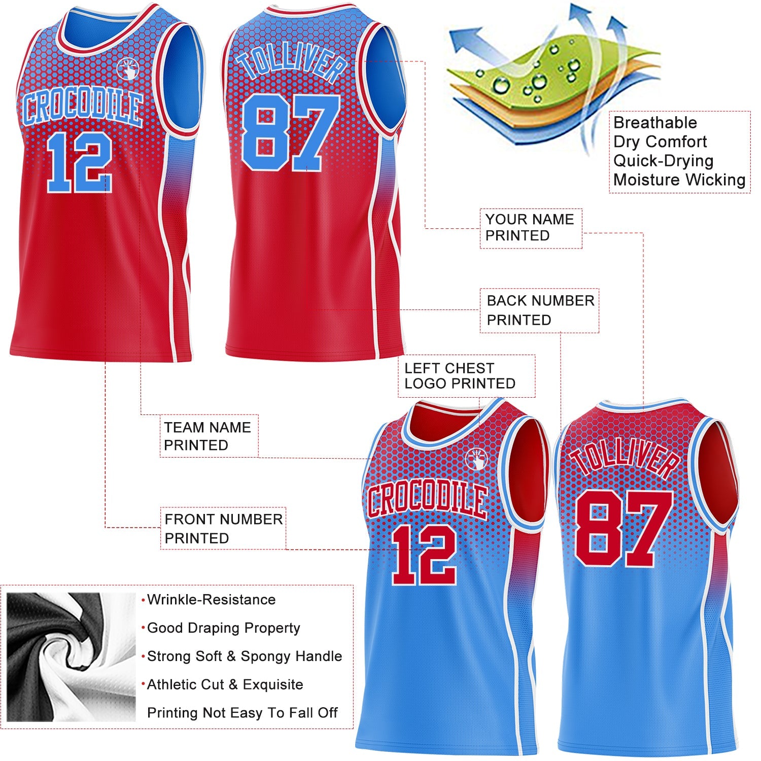 Custom Red Powder Blue-White Side Panel Stripe Gradient Geometric Honeycomb Reversible Double Side Sublimation Basketball Set Jersey