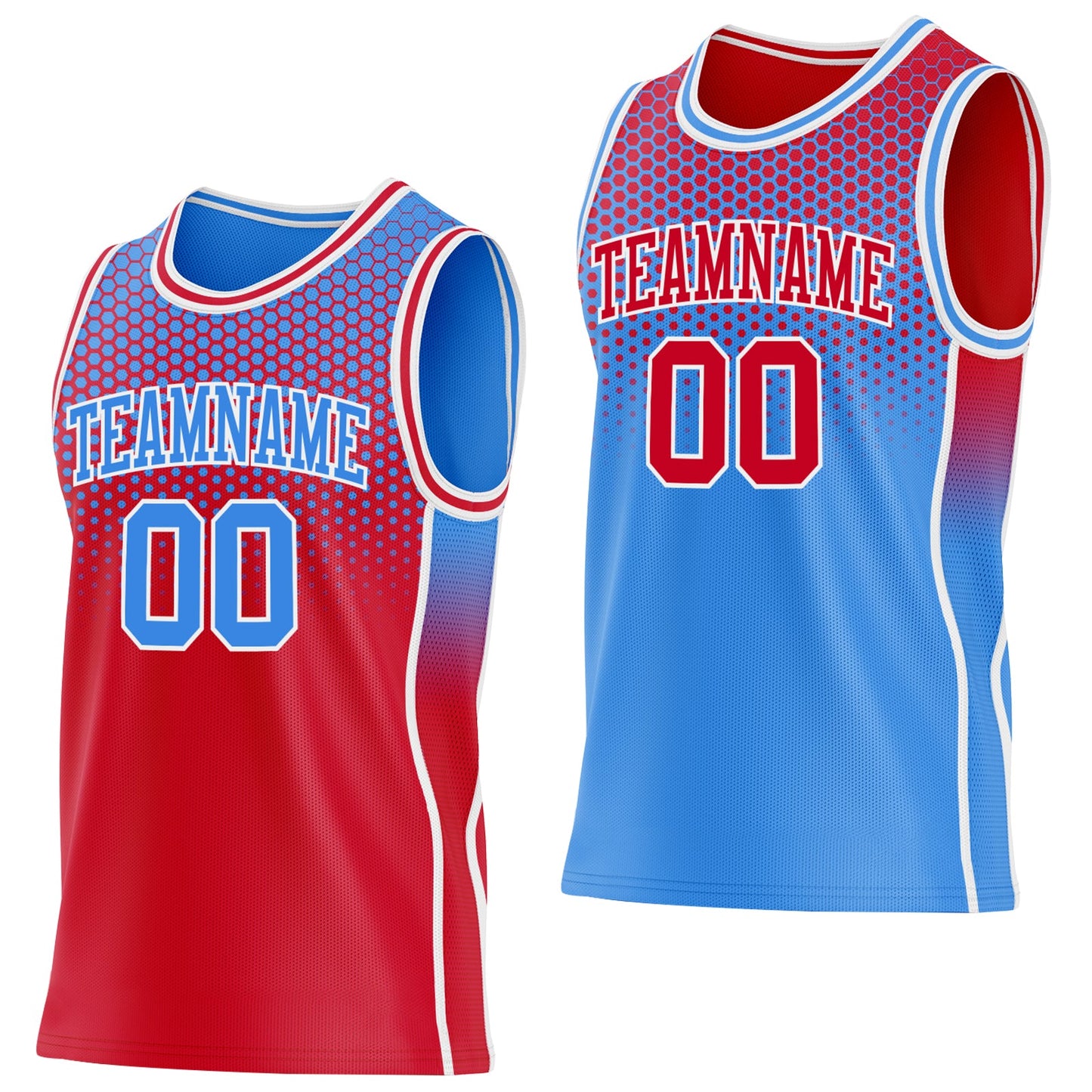 Custom Red Powder Blue-White Side Panel Stripe Gradient Geometric Honeycomb Reversible Double Side Sublimation Basketball Set Jersey