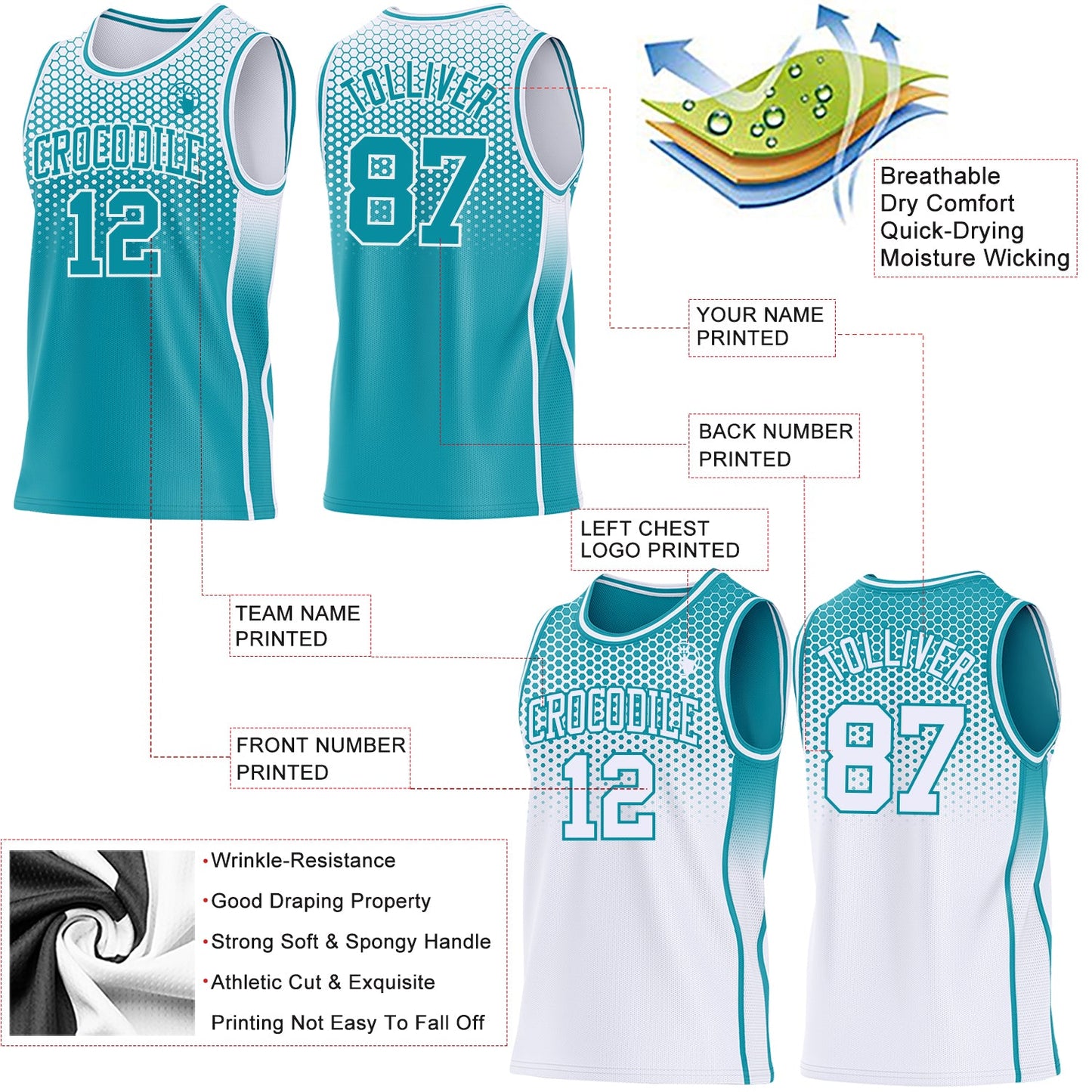 Custom Teal-White Side Panel Stripe Gradient Geometric Honeycomb Reversible Double Side Sublimation Basketball Set Jersey