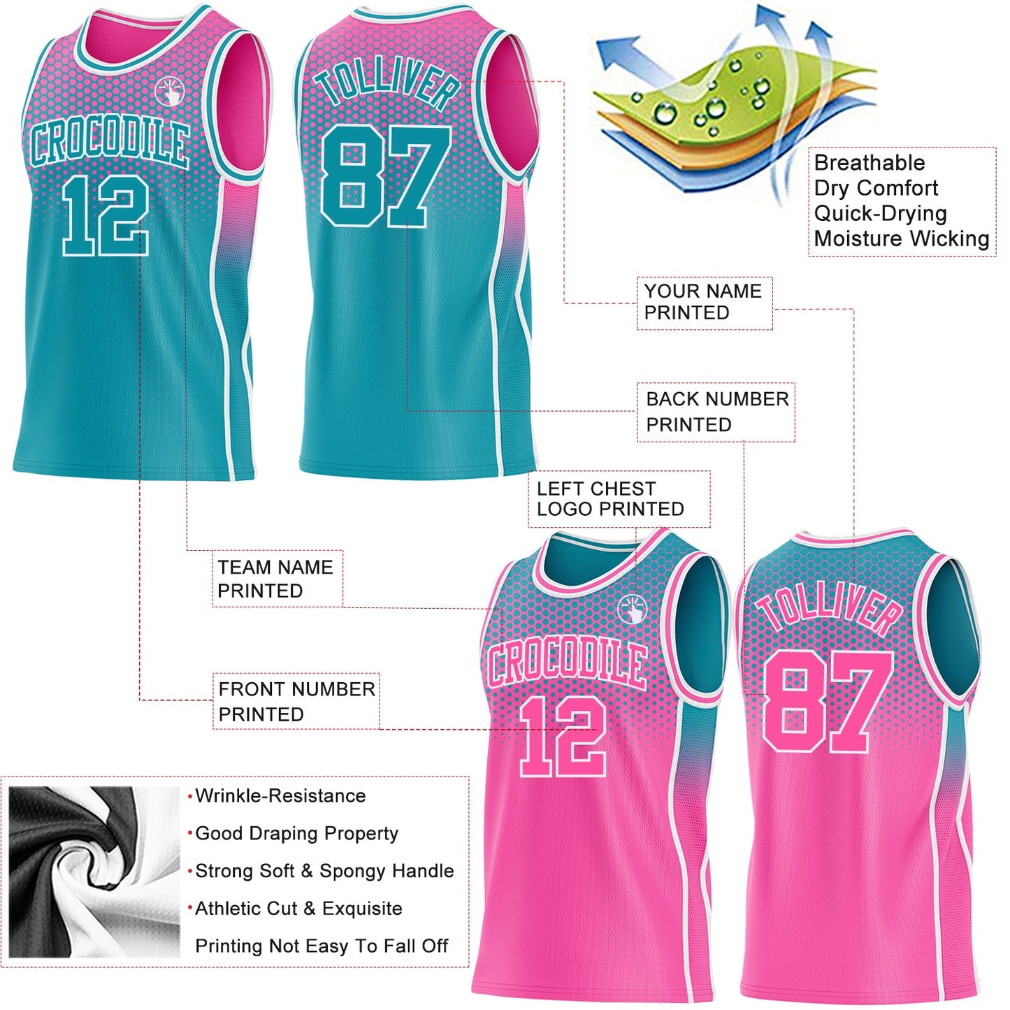 Custom Teal Pink-White Side Panel Stripe Gradient Geometric Honeycomb Reversible Double Side Sublimation Basketball Set Jersey