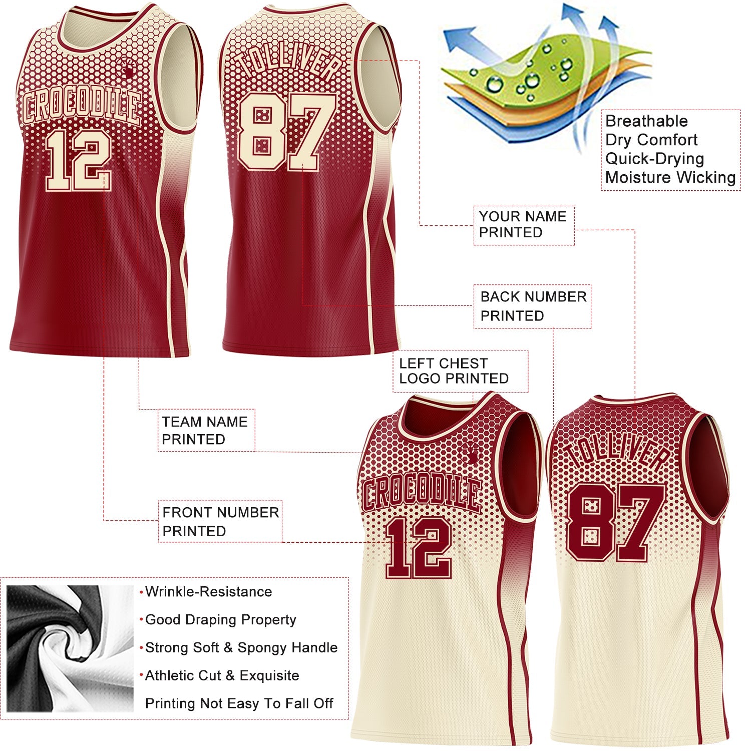 Custom Maroon-Cream Side Panel Stripe Gradient Geometric Honeycomb Reversible Double Side Sublimation Basketball Set Jersey