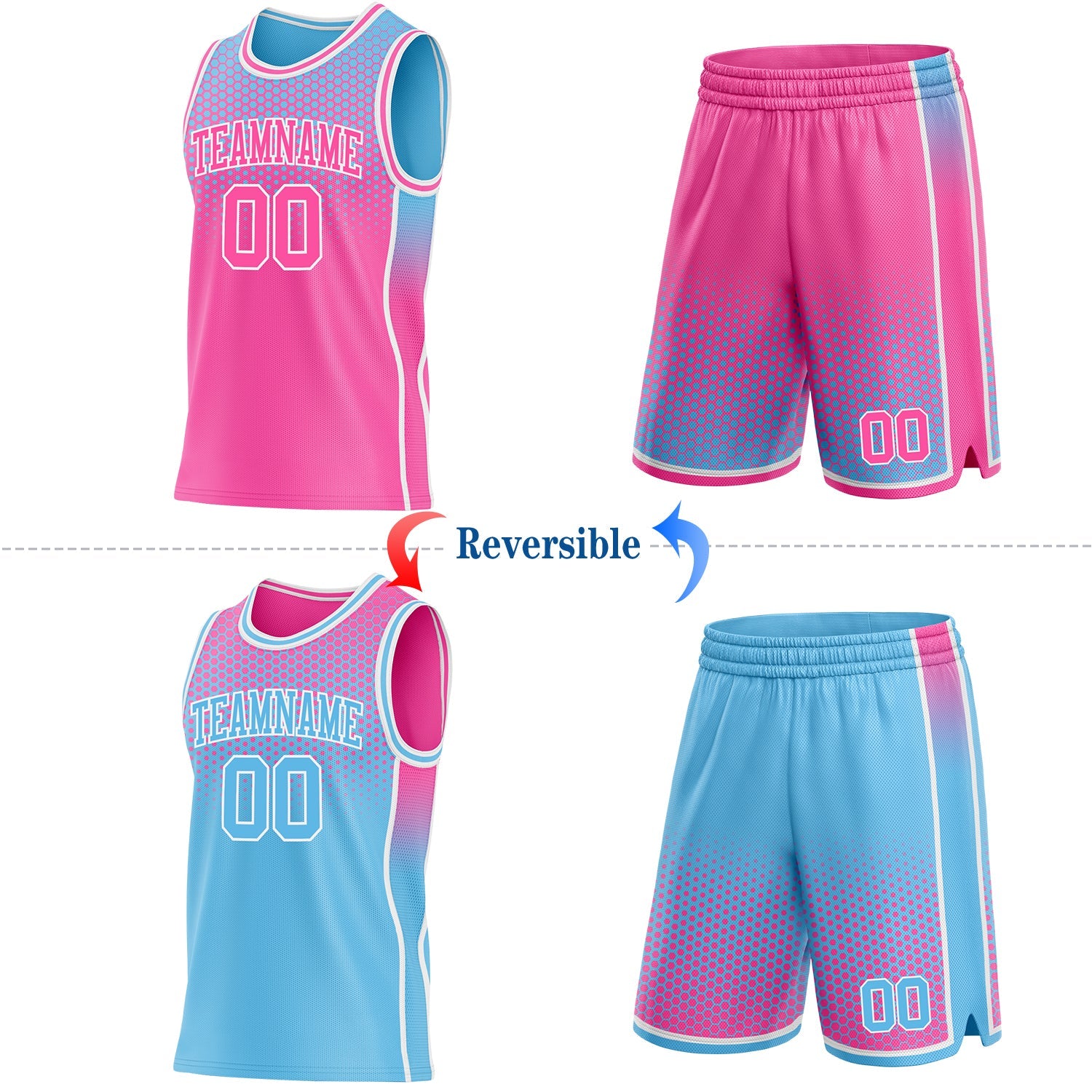 Custom Pink Sky Blue-White Side Panel Stripe Gradient Geometric Honeycomb Reversible Double Side Sublimation Basketball Set Jersey