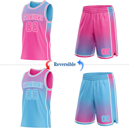 Custom Pink Sky Blue-White Side Panel Stripe Gradient Geometric Honeycomb Reversible Double Side Sublimation Basketball Set Jersey