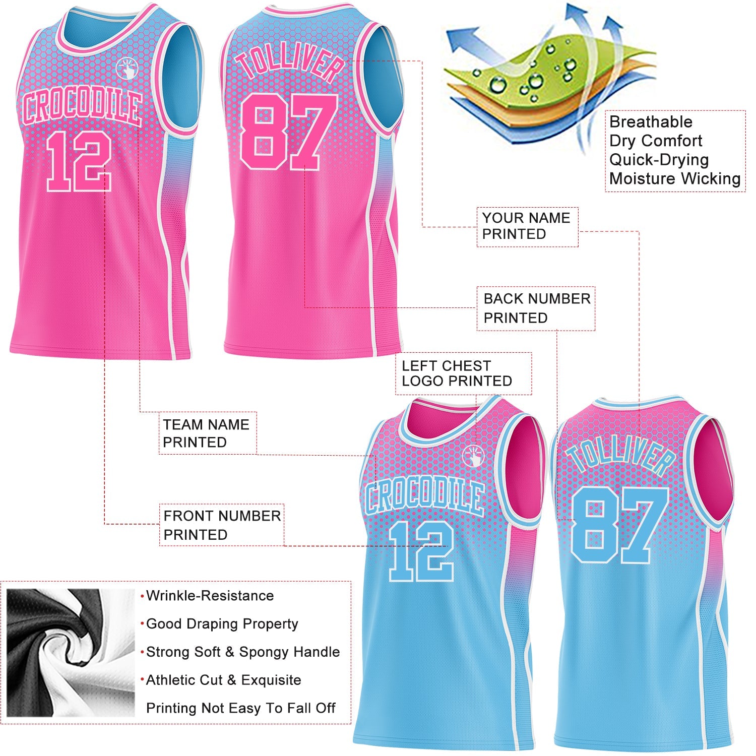 Custom Pink Sky Blue-White Side Panel Stripe Gradient Geometric Honeycomb Reversible Double Side Sublimation Basketball Set Jersey