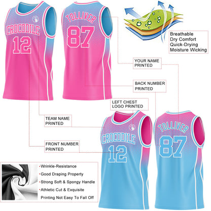 Custom Pink Sky Blue-White Side Panel Stripe Gradient Geometric Honeycomb Reversible Double Side Sublimation Basketball Set Jersey