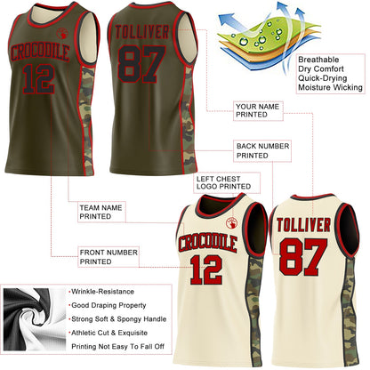 Custom Olive(Cream) Black-Red Camo Side Panel Stripe Reversible Double Side Sublimation Basketball Set Jersey