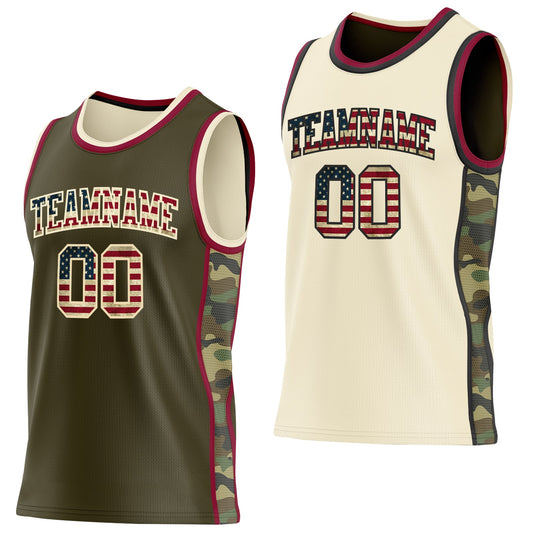 Custom Olive Vintage USA Flag Cream-Maroon Camo Side Panel Stripe Reversible Double Side Sublimation Basketball Set Jersey