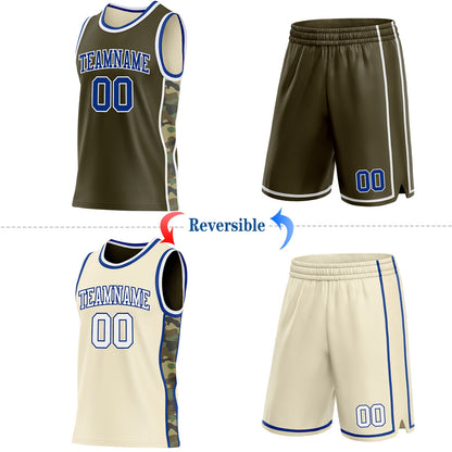 Custom Olive(Cream) Royal-White Camo Side Panel Stripe Reversible Double Side Sublimation Basketball Set Jersey