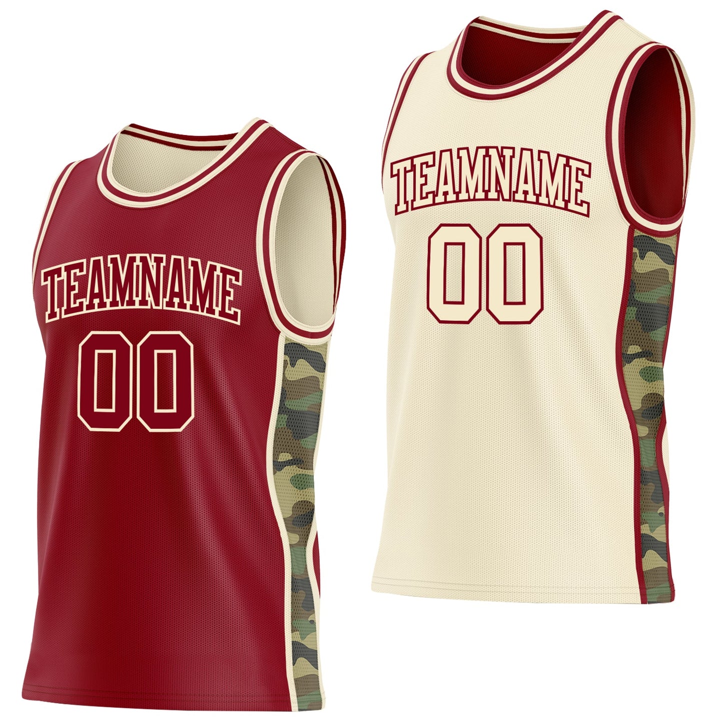 Custom Maroon-Cream Camo Side Panel Stripe Reversible Double Side Sublimation Basketball Set Jersey