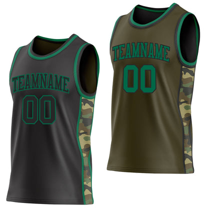 Custom Black(Olive)-Kelly Green Camo Side Panel Stripe Reversible Double Side Sublimation Basketball Set Jersey